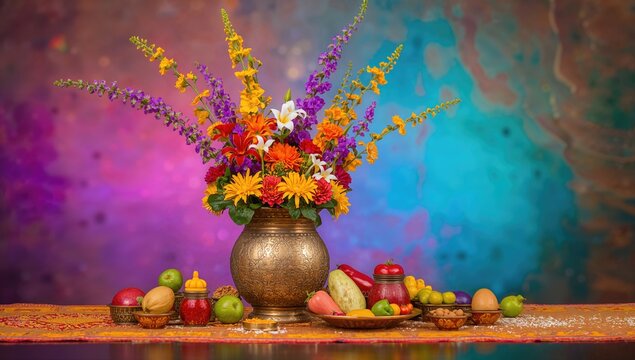 Vishu celebration featuring Vishu Kani, flowers and fresh produce arranged in a bronze vase, cultural observance