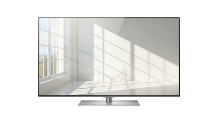 A television showing a bright room with sunlight streaming through a window onto a white wall