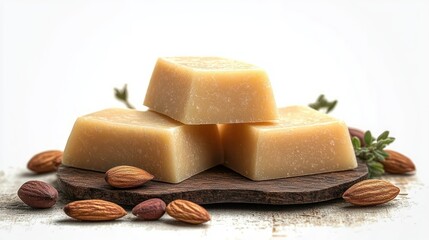 Three pieces of creamy beige fudge stacked on a wooden board surrounded by whole almonds and small green herb sprigs on a light surface