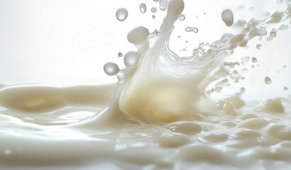 Close-up of fresh creamy milk splash with droplets frozen in motion on a white background conveying freshness and purity