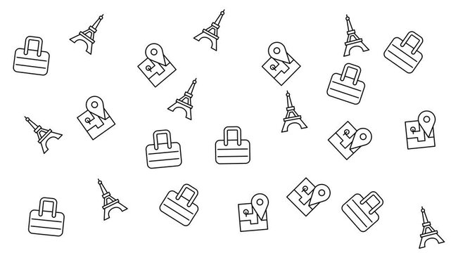 Scattered travel icons with maps, suitcases, and eiffel towers representing paris. Suitable for travel websites, blogs, and advertisements.