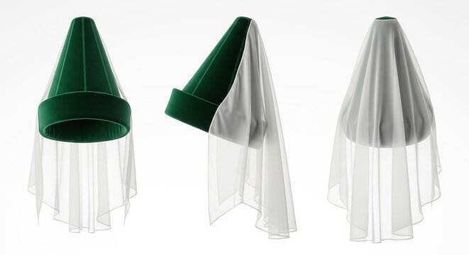Set of green velvet medieval hennin headdress with a sheer veil isolated on white background