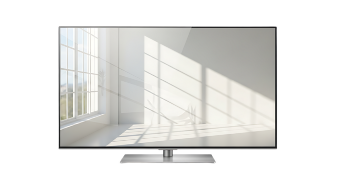 A television showing a bright room with sunlight streaming through a window onto a white wall