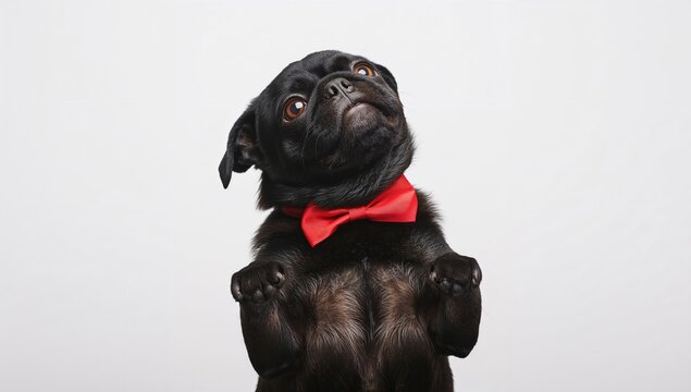 Dutiful black pug on hind legs with a red bowtie, showcasing focus and obedience