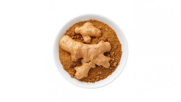 Aromatic ginger rhizomes known as Kaempferia galanga displayed on a small white plate with soil, flat lay on white background