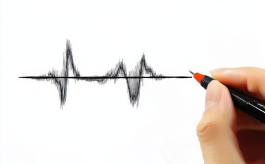 Close-up of a hand holding a pen drawing a black jagged waveform on a white background representing sound or heartbeat signal