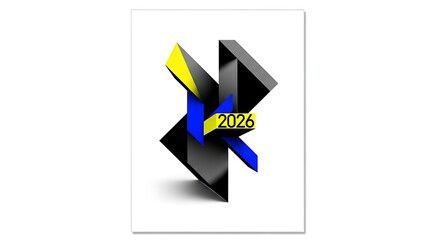 Modern abstract 3D art with bold geometric shapes and the year 2026