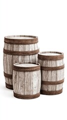 Collection of five rustic wooden barrels of varying sizes against a bright white background showcasing their weathered charm