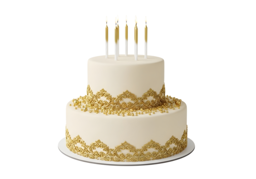 Elegant two tier white cake with gold decorations and candles isolated on transparent background