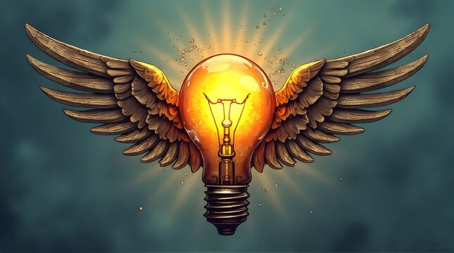 Glowing Light Bulb with Wings Symbolizing Creative Idea and Inspiration and Innovation