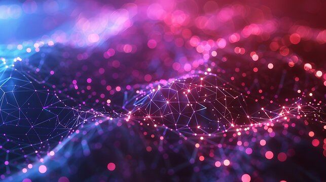 Abstract network with glowing points and lines in purple and blue hues forming waves