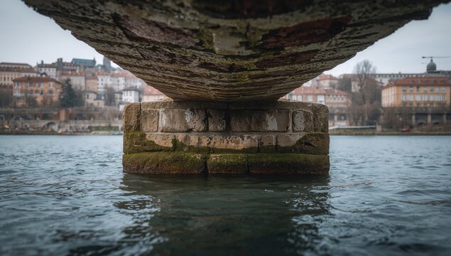 Close-up perspective of an ancient stone bridge's texture from underneath