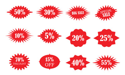 Collection of red explosion sale tags with various discount percentages