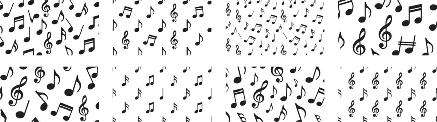 Collection of black and white music notes background, symbolizing musical composition, vector art. 