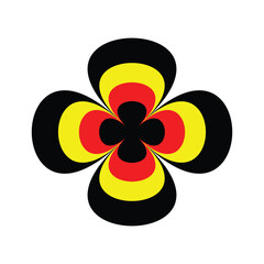 Symmetrical black, yellow, and red abstract flower design with four petals and geometric patterns