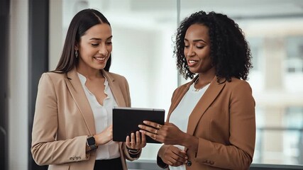 Happy diverse businesswomen collaborating with a digital tablet in a modern corporate office - Powered by Adobe