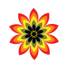 Vibrant abstract flower with radiating petals in red, yellow, and black