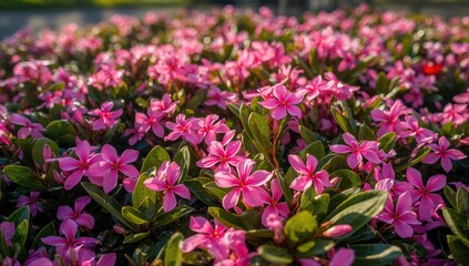 Obraz premium Bright pink Madagascar periwinkle flowers flourishing in spring gardens, seasonal beauty