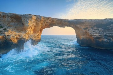 Natural stone arch over vibrant blue sea with waves crashing against rocky cliffs under a calm partly cloudy sky at sunset