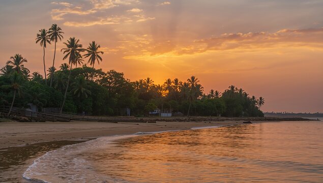 Charming sunset over palm trees by the beach, seasonal change