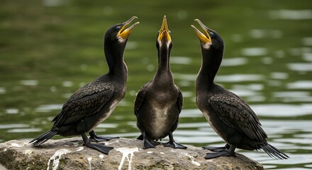 Cormorants on a Rock - A Trio of Birds with Open Beaks.