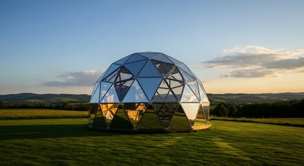 Geodesic Dome in a Lush Green Field at Sunset.