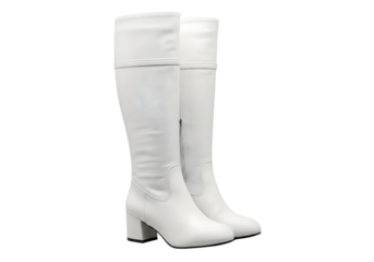 Pair of white leather knee high boots with folded cuffs isolated on transparent background