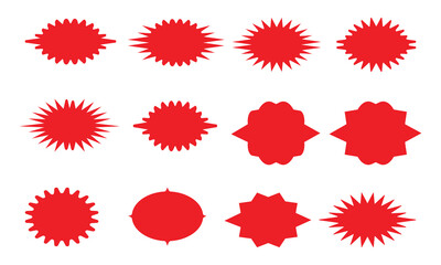 Collection of twelve red explosion shapes with varied designs and spikes