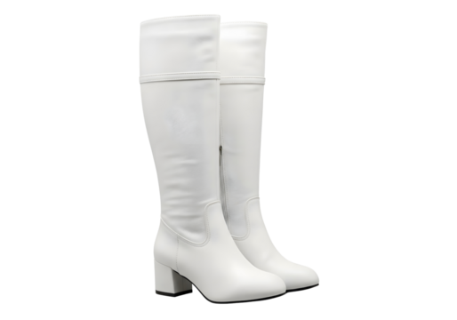 Pair of white leather knee high boots with folded cuffs isolated on transparent background