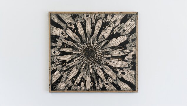 In a vintage art gallery, an abstract pattern illustration on aged paper is framed by a textured wood design, showcasing artistic expression