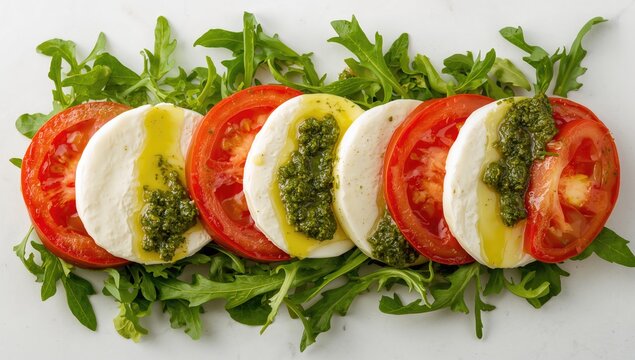 Colorful caprese salad featuring tomatoes, mozzarella, arugula, and pesto sauce on a clean white surface - Powered by Adobe