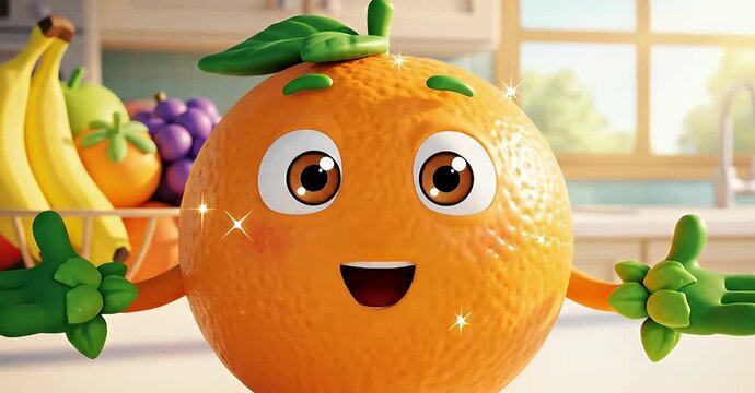 Cartoon orange character with thumbs up in a kitchen setting.