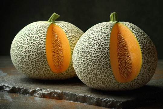 Two cantaloupe melons on a rustic surface with one melon partially sliced showing bright orange flesh and seeds under soft lighting - Powered by Adobe