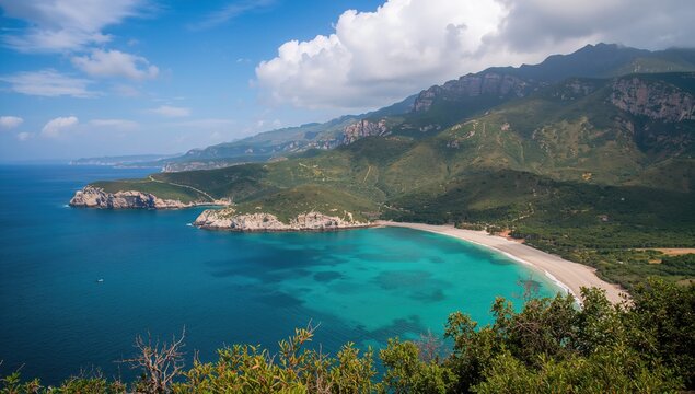 A scenic view of a coastal landscape featuring turquoise waters, rugged mountains, and lush greenery, highlighting seasonal change