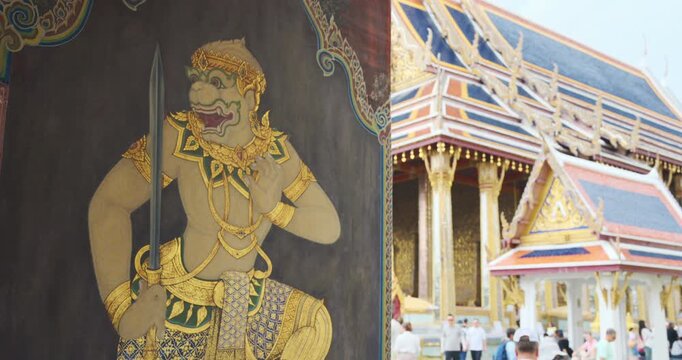 Giant ramayan statue vintage  paint in Wat Phra Kaew sightseeing travel in Bangkok Thailand