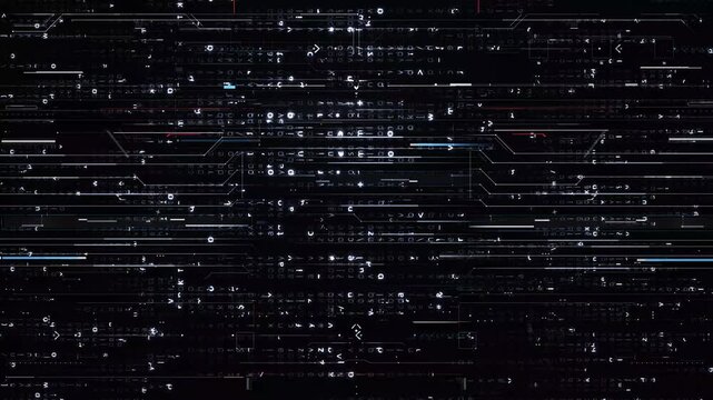 Abstract Animation of a Futuristic Hud Interface with Streaming Digital Data, Intricate Symbols, and Glitch Effects on a Dark Technology Background - Powered by Adobe