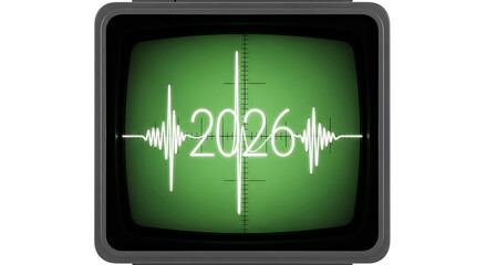 Digital waveform displays the year 2026 on a vintage screen, symbolizing the future and progress.