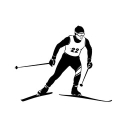 Skier in motion wearing athletic gear on snowy background  