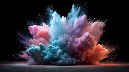 Obraz premium Vibrant white powder explosion on black background with multicolored holi dust clouds, capturing dynamic burst of colorful pigment in motion for creative art, festival, and abstract digital design