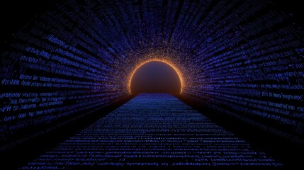 Abstract digital tunnel with binary code flowing towards a bright circular portal illuminated in vibrant blue and orange hues, creating a futuristic atmosphere.
