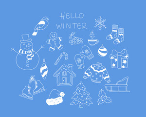 Winter set. Line art doodles. Vector illustration.