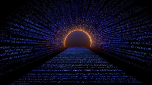 Abstract digital tunnel with binary code flowing towards a bright circular portal illuminated in vibrant blue and orange hues, creating a futuristic atmosphere.