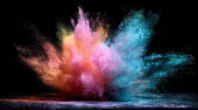 Vibrant white powder explosion on black background with multicolored holi dust clouds, capturing dynamic burst of colorful pigment in motion for creative art, festival, and abstract digital design