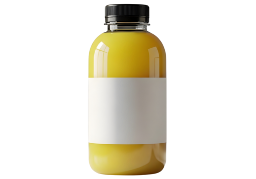 Yellow liquid in a clear plastic bottle with blank label isolated on transparent background