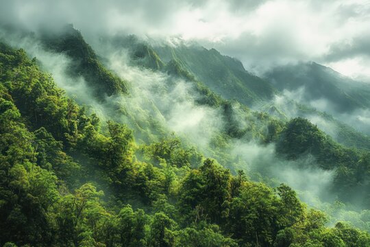 Lush green mountain range covered with dense forest and mist rolling through valleys under a cloudy sky, evoking a serene and mystical atmosphere