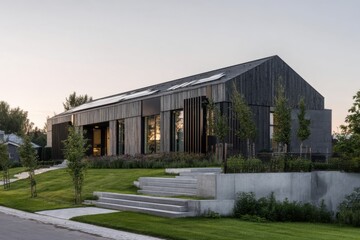 Fototapeta premium Modern architectural design of a sleek wooden house nestled in lush greenery during twilight showcasing contemporary living