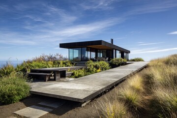 Experience a distinctive modern residence that boasts breathtaking panoramic views close to the coast, enveloped by lush natural landscaping beneath a bright, clear blue sky