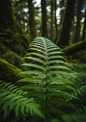 Close up of a vibrant green fern frond in a lush forest setting.
