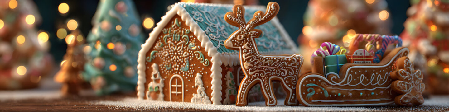 Festive Christmas elements including a gingerbread cookie, reindeer, sleigh with gifts, and a decorated Christmas tree on a transparent background for holiday designs