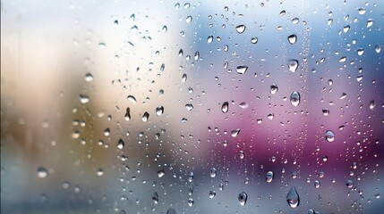 Close-up View of Water Droplets on Glass Surface with Blurred Colorful Background Capturing Rainy Mood and Nature's Beauty in Soft Focus